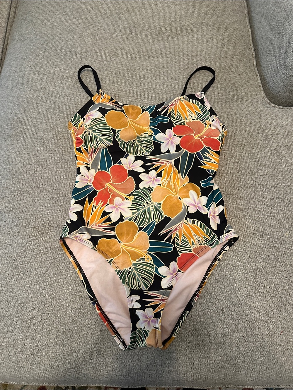 MED HURLEY Floral One-Piece Swimsuit - Black with Multicolor Hibiscus